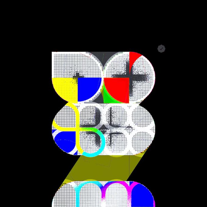 An abstract graphic design featuring overlapping circular shapes with halftone dot patterns, geometric blocks of primary colors, and a black background, with text fragments 'co' and 'AD' visible in colorful gradient letters.