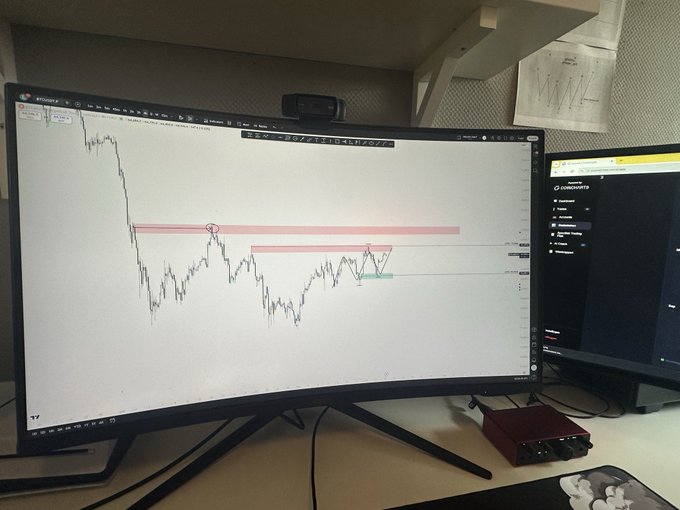 A curved monitor displays a $BTC trading chart on TradingView, highlighting key supply and demand zones marked with red and green shaded rectangles. A webcam sits atop the screen, with a second monitor visible to the right, setting up the trading workspace referenced in the post about journaling the week ahead.