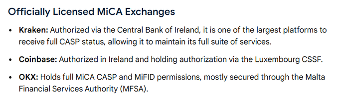 The image lists officially licensed MiCA exchanges, highlighting Kraken (Central Bank of Ireland), Coinbase (Ireland/Luxembourg CSSF), and OKX (Malta Financial Services Authority) as platforms still holding full CASP status. This relates to the post advising European Binance users to migrate to alternative MiCA-licensed exchanges like OKX (via the referral link) to safeguard their assets.