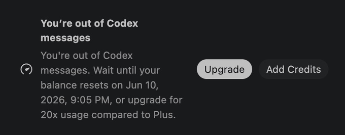 The image shows a screenshot of an email screen with text that appears slightly blurry, making it difficult to read clearly. It seems to be related to an update process or instructions for accessing an app. The text displays messages indicating that "You're out of Codex" and asks the user to wait until their balance resets on June 10, 2026 at 9:05 PM, or they should upgrade for a free service with 20x usage.