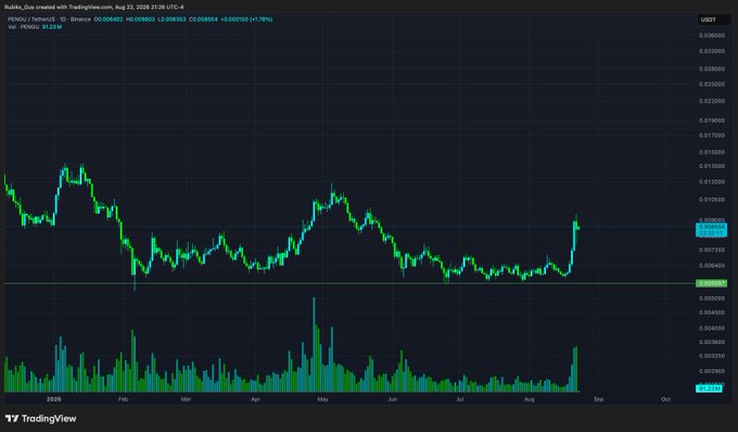 A TradingView candlestick chart for $PENGU/USDT on Binance shows a recent sharp upward price movement from approximately 0.0040 to 0.0085 USDT, accompanied by a notable spike in trading volume, visually supporting the post's claim of $PENGU's outperformance during the broader market rally.