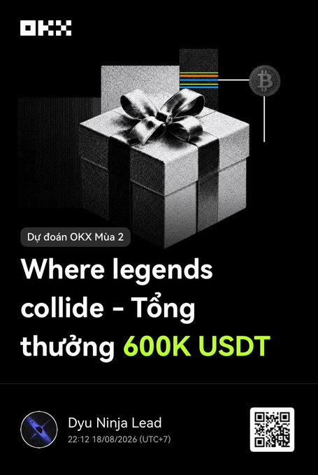 An OKX promotional graphic featuring a black gift box with a bow and a Bitcoin symbol, with text reading 'Dự đoán OKX Mùa 2', 'Where legends collide - Tổng thưởng 600K USDT', and an event date of 18/08/2026.