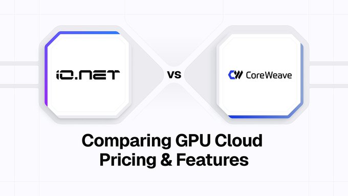 Comparison graphic titled 'Comparing GPU Cloud Pricing & Features' showing IO.NET versus CoreWeave logos in hexagonal frames.