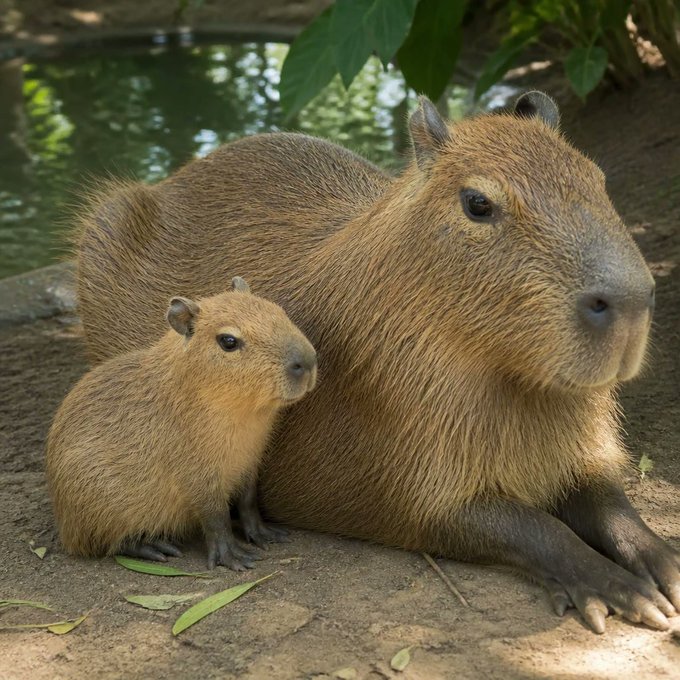 A photograph of two capybaras, an adult and a baby, sitting together on dirt near water with green foliage in the background.