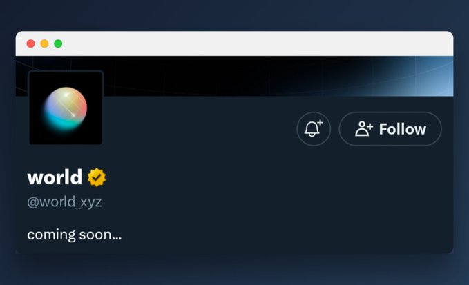 Mockup of a social media profile page for 'world' (@world_xyz) with a verified checkmark, displaying 'coming soon...' as the bio.