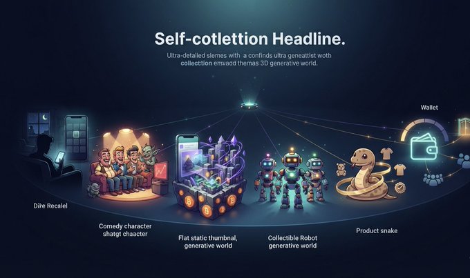 An infographic titled 'Self-cottlettion Headline' showcases various digital art and NFT concepts including 'Comedy character shatgrt character', 'Flat static thumbnail, generative world', 'Collectible Robot generative world', and 'Product snake'.