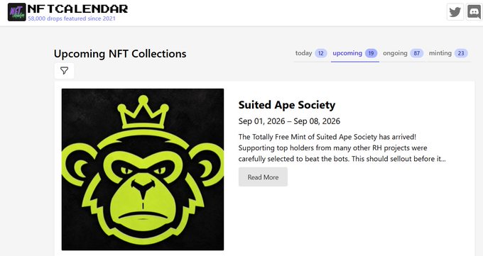 A screenshot from NFT Calendar showing an 'Upcoming NFT Collections' section featuring 'Suited Ape Society' with a mint window of Sep 01, 2026 - Sep 08, 2026, described as the 'Totally Free Mint of Suited Ape Society'.