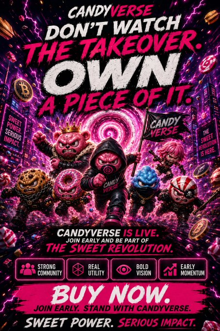 A vibrant pink and black promotional poster for 'CANDYVERSE' reading 'DON'T WATCH THE TAKEOVER. OWN A PIECE OF IT. CANDYVERSE IS LIVE. JOIN EARLY AND BE PART OF THE SWEET REVOLUTION. BUY NOW. SWEET POWER. SERIOUS IMPACT.' featuring cartoon candy characters including a bear, donut, and skull.