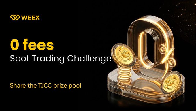 A WEEY exchange advertisement promoting a '0 fees Spot Trading Challenge' to 'Share the TJCC prize pool', featuring a 3D golden 0% symbol with coins.