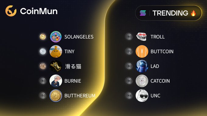 The image shows a computer screen displaying a coinranking website called CoinMun, with a list of coins sorted by popularity. The top 10 most popular coins are highlighted in yellow, while the bottom 10 are shown in white. The website also provides information about each coin and its ranking.