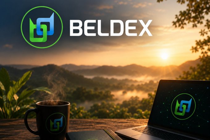 A scenic promotional image for 'BELDEX' featuring its green and blue interlocking logo over a sunset mountain landscape, with a branded coffee mug and laptop on a table in the foreground.
