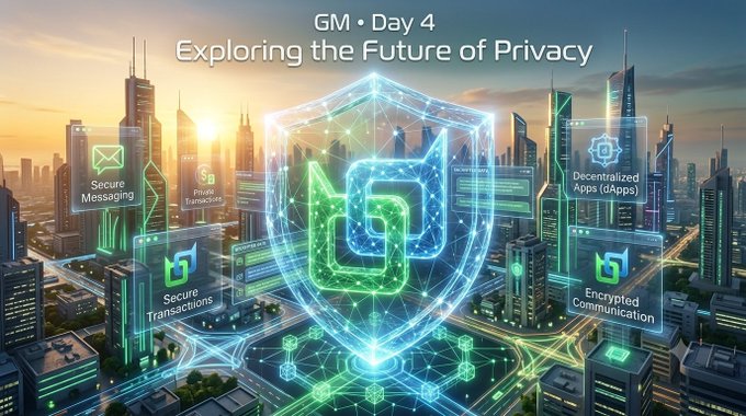 A futuristic cityscape graphic with 'GM • Day 4 Exploring the Future of Privacy' text, featuring a glowing central shield with floating panels labeled 'Secure Messaging', 'Secure Transactions', 'Decentralized Apps (DApps)', and 'Encrypted Communication'.