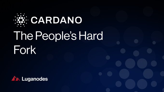 A dark promotional graphic with the Cardano logo and text 'CARDANO - The People's Hard Fork,' branded with the Luganodes logo in the bottom corner.
