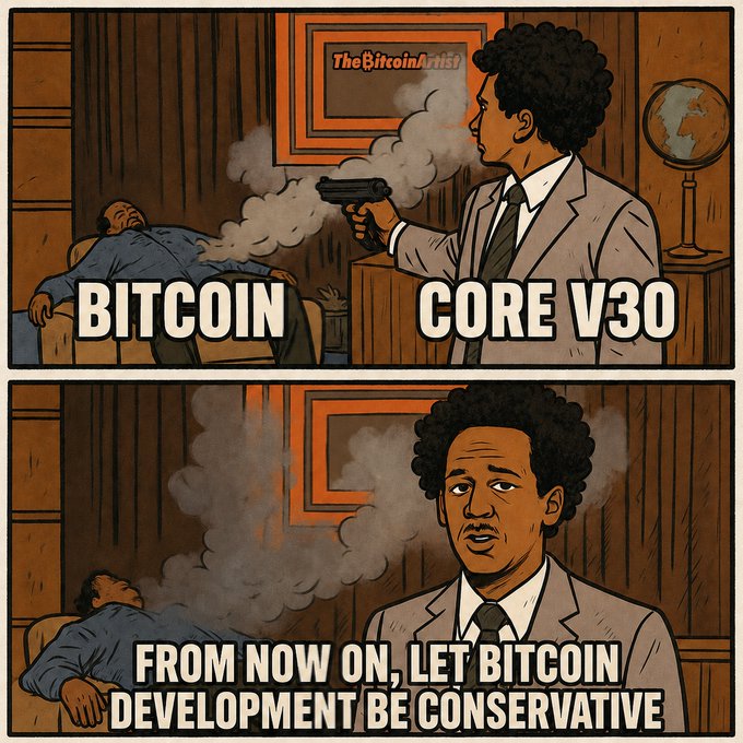 A two-panel comic depicting a man shooting another labeled 'BITCOIN', with the shooter labeled 'CORE V30', declaring 'FROM NOW ON, LET BITCOIN DEVELOPMENT BE CONSERVATIVE'.