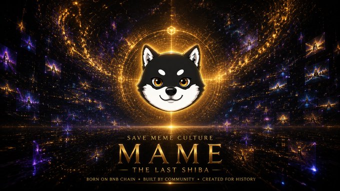 A promotional banner featuring a stylized Shiba Inu mascot centered within an ornate golden circular emblem, with the text "SAVE MEME CULTURE," "MAME - THE LAST SHIBA," and "BORN ON BNB CHAIN • BUILT BY COMMUNITY • CREATED FOR HISTORY," reinforcing the post's narrative of $Mame as a meme coin poised to rally alongside Shiba and Floki.