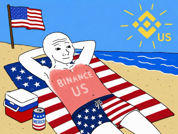 A Wojak meme character relaxes on a beach towel and American flag, wearing swim trunks labeled "BINANCE US," with a can of "'MERICA" soda beside him, a small US flag in the sand, and the Binance US logo sun shining overhead—visually representing relaxed confidence that the bottom for $WOJAK is near as bearish commenters continue hate-watching the chart.