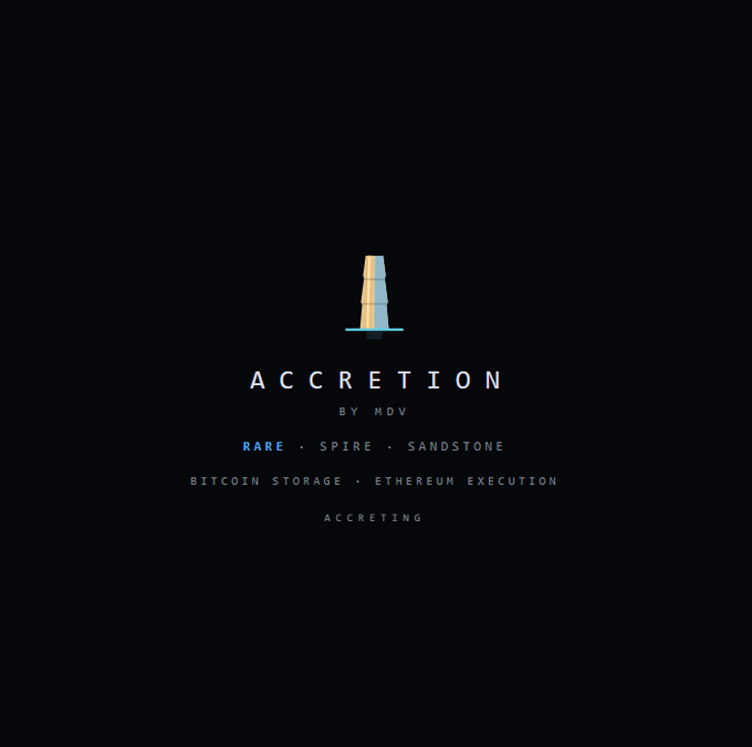 The image shows a minimalist black background featuring a small stacked-stone icon above the title "ACCRETION BY MDV," with subtext identifying three NFT tiers—Rare (highlighted in blue), Spire, and Sandstone—paired with the tagline "Bitcoin Storage • Ethereum Execution" and "Accreting." This logo/teaser card aligns with the post's description of MDV's ACCRETION project, where each NFT functions as an interactive 3D world rather than a static image, with the highlighted "Rare" tier indicating the specific edition being discussed.