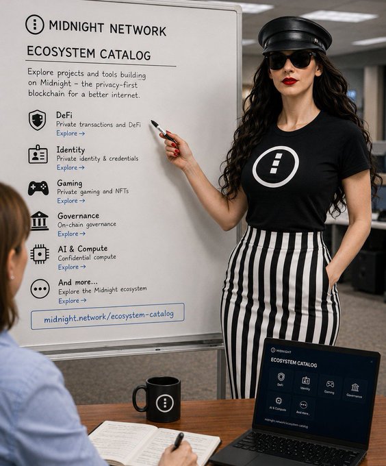A woman wearing a "Midnight Network" logo t-shirt, captain's hat, and sunglasses points to an "Ecosystem Catalog" whiteboard listing categories like DeFi, Identity, Gaming, and Governance, while a colleague takes notes beside a laptop and branded mug—visually embodying the team's "good night" as they continue building toward Midnight's privacy-first blockchain future.