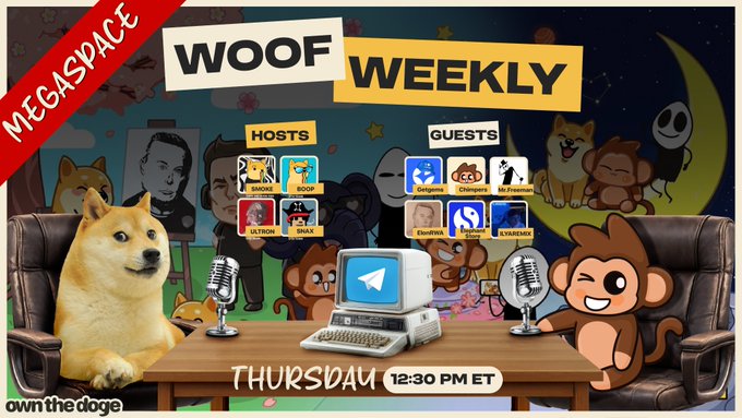 A promotional graphic for "Woof Weekly Megaspace" episode 234 features a Doge sitting at a podcast desk with a laptop displaying the Telegram logo, alongside a cartoon monkey and microphone, advertising the show airing Thursday at 12:30 PM ET with hosts Smone, Woof, Eliton, Smax and guests Sasjame, Cmelot, Mr.Freshman, Eisenberg, Gromtar, and Kvazarhead to discuss the new Doge Telegram sticker pack.