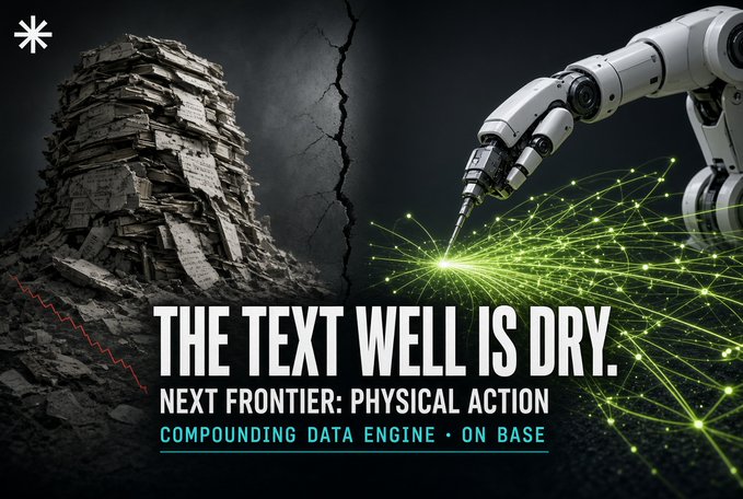 A promotional graphic reading 'THE TEXT WELL IS DRY. NEXT FRONTIER: PHYSICAL ACTION' with 'COMPOUNDING DATA ENGINE • ON BASE', depicting a robotic arm emitting green digital energy toward a crumbling tower of papers.