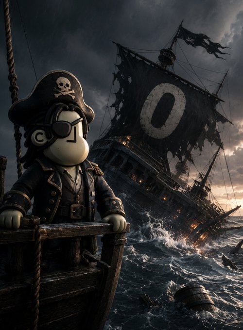 A Snoopy character dressed as a pirate with an eye patch and tricorn hat stands on a ship, with a tattered black flag and stormy seas in the background.