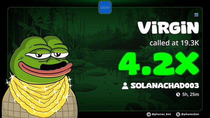 The image features a cartoon frog wearing a gold chain around its neck, standing against a green background with trees and water. The caption of the image reads "4x profits on my alpha call on $VIRGIN Ca". This suggests that the frog is promoting a product or service related to the VIRGIN brand.