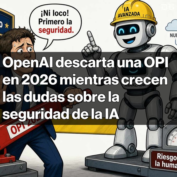 A Spanish-language cartoon showing a stressed businessman and a robot labeled 'IA AVANZADA' saying '¡Ni loco! Primero la seguridad,' with headline text about OpenAI dismissing an IPO in 2026 amid AI safety concerns.