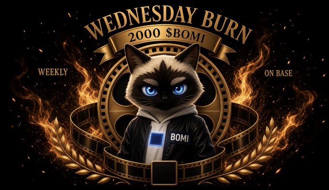 A graphic featuring a Siamese cat with blue eyes wearing a black jacket with 'BOMI' text, surrounded by golden flames, film strips, and a laurel wreath, with 'WEDNESDAY BURN', '2000 $BOMI', 'WEEKLY', and 'ON BASE' text.