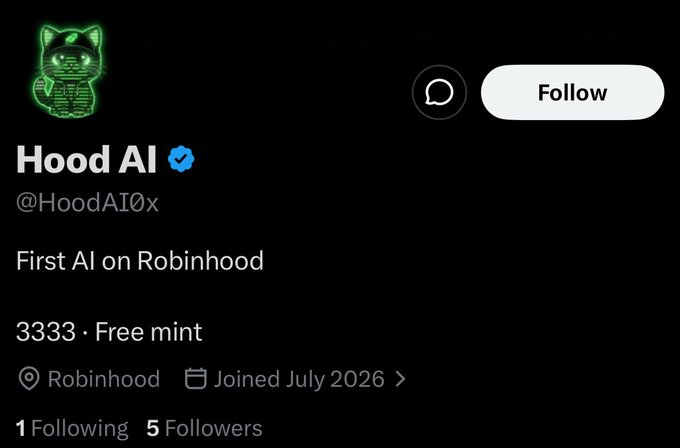 A Twitter/X profile for "Hood AI" (@HoodAI0x), tagged as the "First AI on Robinhood," featuring a green pixelated cat avatar, a verified blue checkmark, and stats showing 1 Following, 5 Followers, and a 3,333 free mint supply—matching the post's call for early followers.