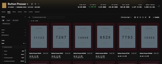 The image shows the "Button Presser" NFT collection marketplace page on Tensor, displaying trading activity with the floor price at 10.48 USDC (+1,452.4%) and last sale at 9.53 USDC, featuring various Button Presser items (#123, #767, #16909, #8858, #7761, #6869) listed at prices ranging from $8.49 to $39. This contrasts with the post's mention of gold floor at $900 and steel floor at $40, suggesting the poster is humorously comparing their crypto/NFT gains to Button Presser NFT market activity.