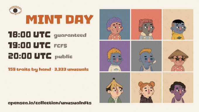 A promotional graphic for "MINT DAY" by Unusual NFTs displays 9 hand-drawn character portraits with diverse features, alongside key minting details: 18:00 UTC (guaranteed), 19:00 UTC (FCFS), and 20:00 UTC (public), with "159 traits by hand · 3,333 unusuals" and a link to opensea.io/collection/unusualNFTs.