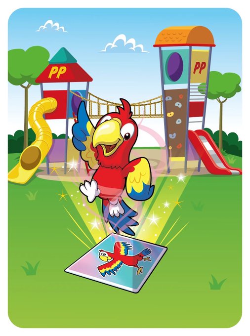 A colorful cartoon illustration of a red, yellow, and blue parrot jumping from a colorful square mat in front of a 'PP' branded playground with slides and a climbing wall.