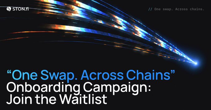 A promotional banner for STON.fi reading 'One Swap. Across Chains' Onboarding Campaign: Join the Waitlist, featuring colorful light streaks resembling fiber optic cables across a black background.