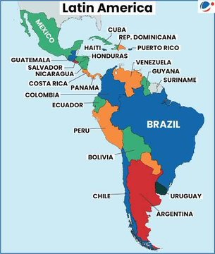 A political map of Latin America, with Brazil, Mexico, and Argentina labeled as the largest countries, alongside other Central and South American nations. The map provides visual context for the $31.5 billion stablecoin payment corridor, highlighting the geographic scope of the digital-dollar adoption across the region.