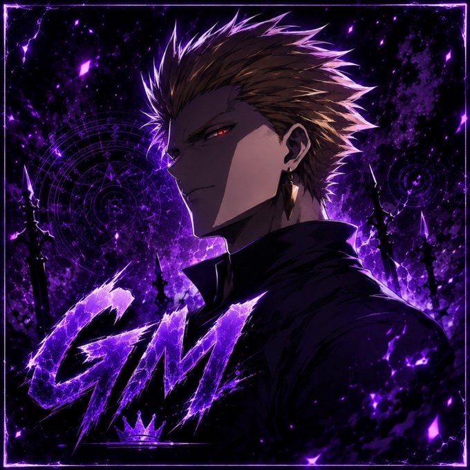 An anime-style warrior with spiky hair and a glowing red eye stands in profile against a dark purple backdrop filled with energy, swords, and a magic circle, with the bold text "GM" (good morning) displayed prominently. The image ties to the post as a stylized "good morning" greeting shared with their community, likely posted to rally enthusiasm for the $ANSEM token.