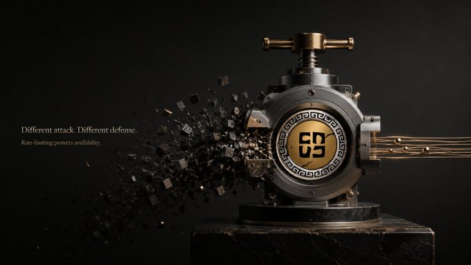 An industrial valve with a golden faceplate bearing a "55" logo stands resilient on a pedestal, deflecting a shattering barrage of debris while copper wires stream from its side, visualizing Nomisma's layered defense strategy. The tagline reads "Different attack. Different defense. Rate-limiting protects availability," reinforcing the post's emphasis on the network's two-pronged security approach combining MEV protection with anti-spam rate-limiting.