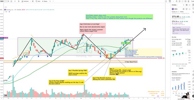 A candlestick chart of $DDOG (Datadog, Inc.) showing an annotated technical analysis with notes about a positive spring FBO, positive volume divergence, and a successful reclaim of the 3-Day Lvl, with the stock trading around $279.85 (+6.28%). The chart illustrates the trader's "failed break down" thesis from early September and highlights key support at $208.22 and resistance at the 4-hour mean area at $273.05.