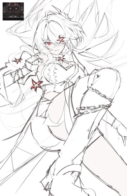 A rough sketch of a female anime character with flowing hair, a star-shaped eye accessory, and chain details, accented with red highlights on her eyes and clothing. The artwork aligns with the post's "ACHERON" reference, depicting the character Acheron from *Honkai: Star Rail* in her dynamic, stylized form.