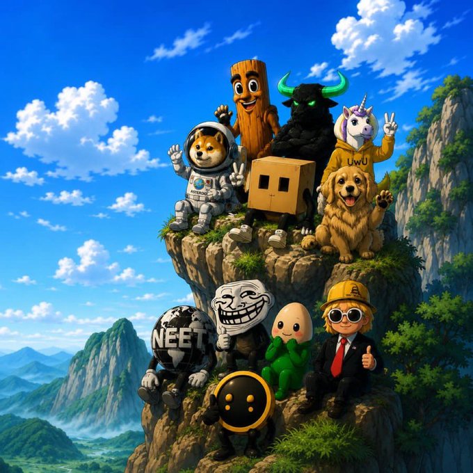 An illustrated group of meme characters and avatars—including an astronaut dog, a cardboard box figure, a trollface, a golden retriever, and others labeled 'NEET' and 'UwU'—posing together on a rocky cliff against a mountainous sky backdrop.