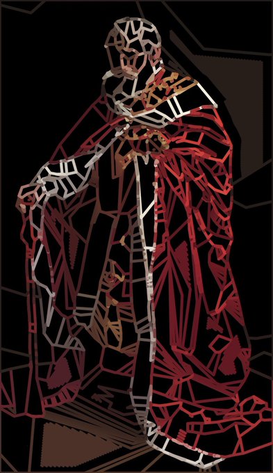 A stylized, abstract digital artwork of a cloaked figure rendered in fragmented red, black, and white geometric shapes.