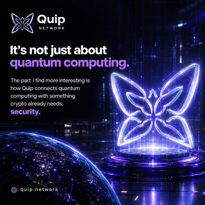 A promotional graphic for Quip Network featuring a glowing neon butterfly logo and text stating 'It's not just about quantum computing,' emphasizing how the platform connects quantum computing with crypto security, with 'quip.network' displayed at the bottom.