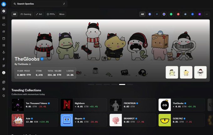 The OpenSea NFT marketplace interface showing 'TheGloobs' collection with a 0.0076 ETH floor price and trending collections including Ten Thousand Tokens, Nightborn, FRONTRUN, Axie, and Bluepb.