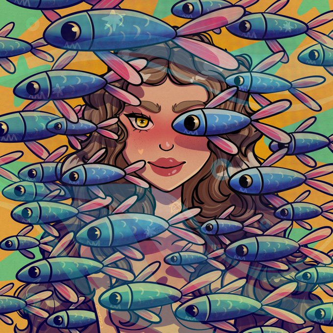 A colorful illustration depicts a woman with brown hair and yellow eyes surrounded by a swirling school of blue fish with pink fins against a vibrant green and orange background.