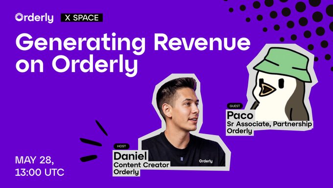 The image features a purple background with white text that reads "generating revenue on Orderly". Below this, there are two images of people wearing hats - one person has a green hat while the other wears a brown hat. The text also includes mentions of content creator and partnership, as well as an event date and time.