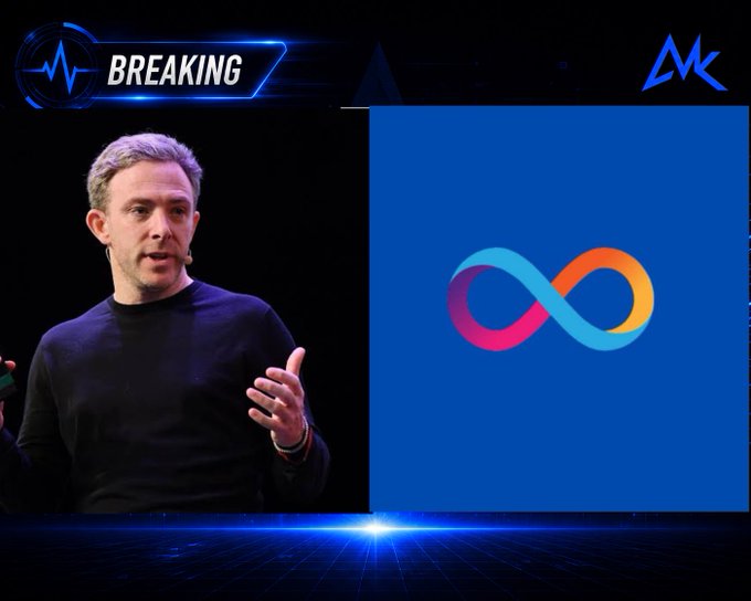 A 'BREAKING' news-style graphic showing a man speaking on stage next to a colorful infinity symbol, with an 'MK' logo in the corner.