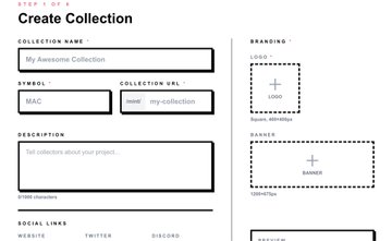 A "Create Collection" web form interface with fields for collection name, symbol, URL, description, branding logo, and banner, with "BAC" entered as the symbol.