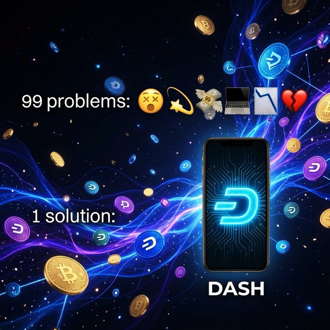 A promotional graphic reading '99 problems:' with various emojis followed by '1 solution: DASH', showing a phone displaying the Dash cryptocurrency logo amid floating coins.