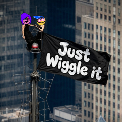 A black flag reading "Just Wiggle it" waves from a tall pole in front of city skyscrapers, topped with cartoon emoji-style characters, capturing the playful spirit behind the post's reflection on the growth of the "Lil Wiggles" worm NFT collection and its creator's excitement over new community members.