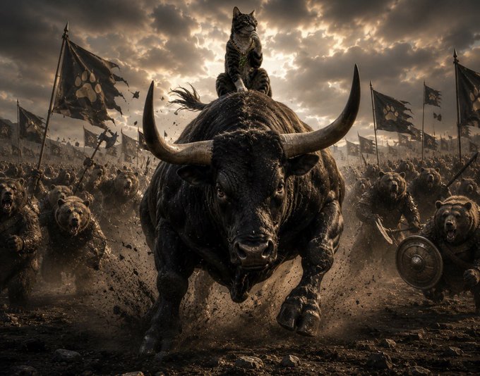 A dramatic fantasy artwork depicting a massive armored bull with curved horns charging forward, ridden by a wolf warrior, leading an army of bears and wolves with paw-print banners.