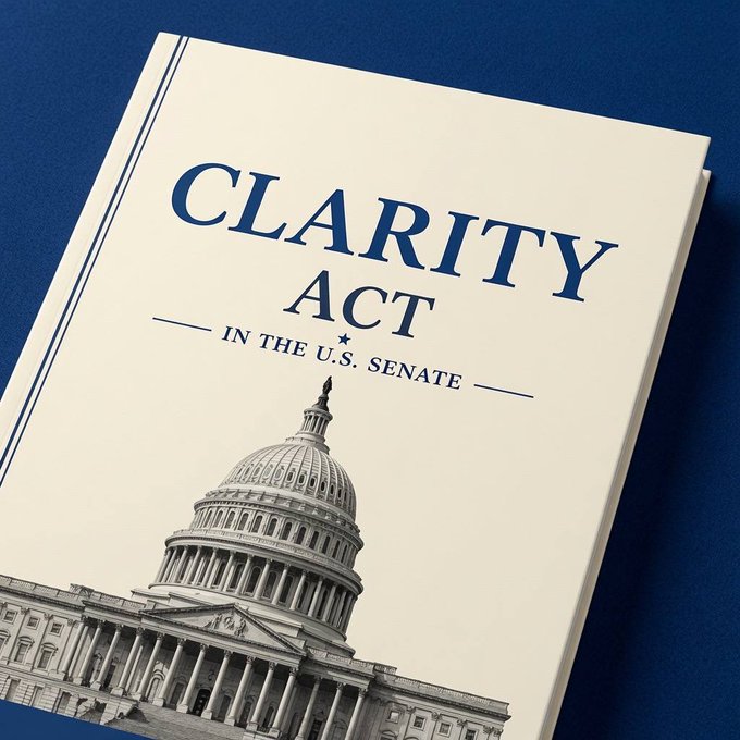 A book cover titled 'CLARITY ACT IN THE U.S. SENATE' featuring an illustration of the U.S. Capitol building dome.
